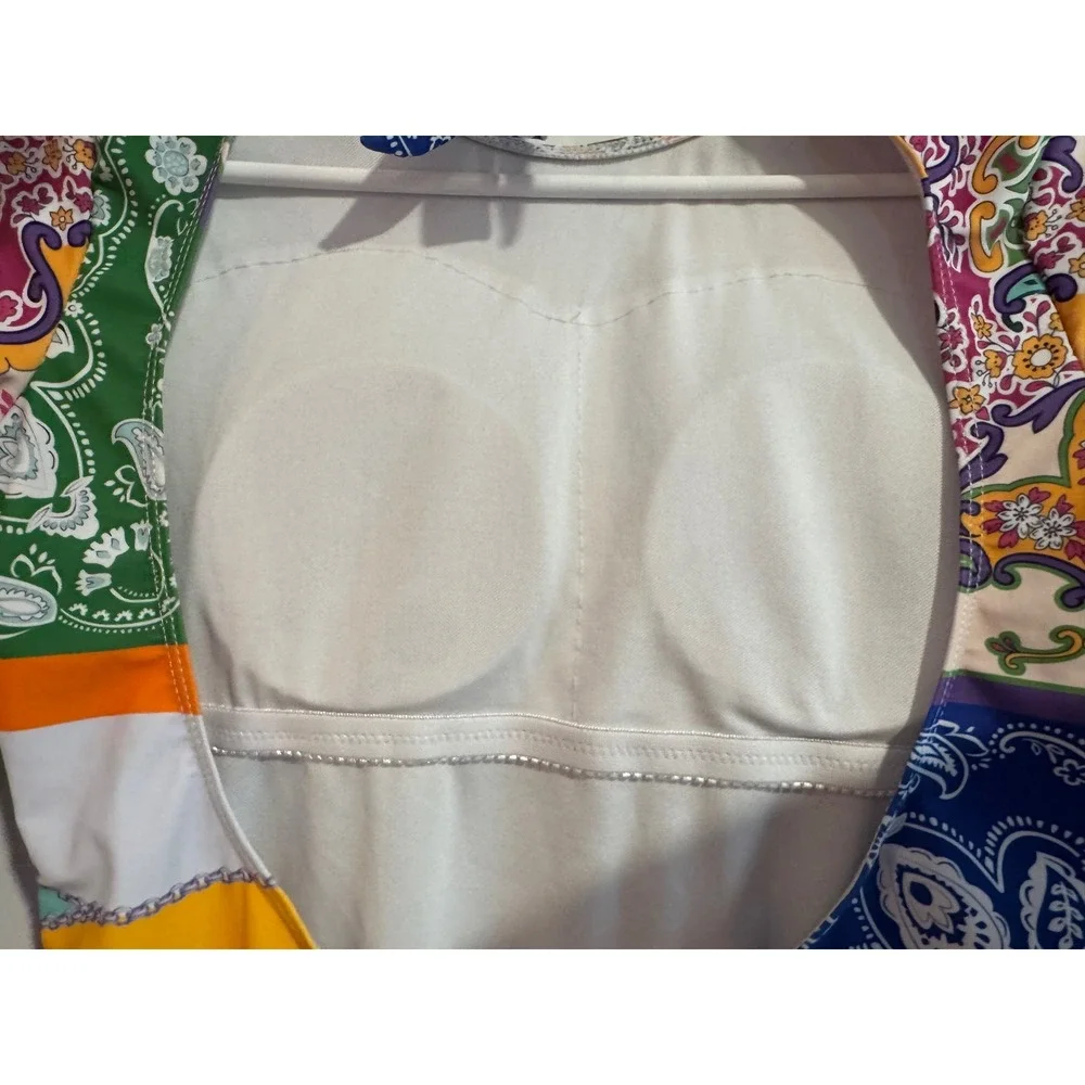 High neck Patchwork Paisley Long Sleeve‎ Swimsuit Womens S Cutout back swimwear